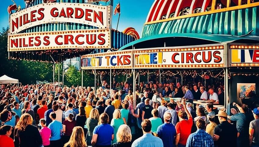 A colorful ticket booth surrounded by a bustling crowd, with people eagerly holding up their hands to purchase tickets for the Niles Garden Circus live show. Bright lights and bold signage convey a sense of excitement and anticipation for the event, while the ticket sellers are busy scanning and printing tickets to keep up with the demand. In the background, the distinctive shape of the circus tent can be seen, reminding everyone of the thrilling performances that await them inside.