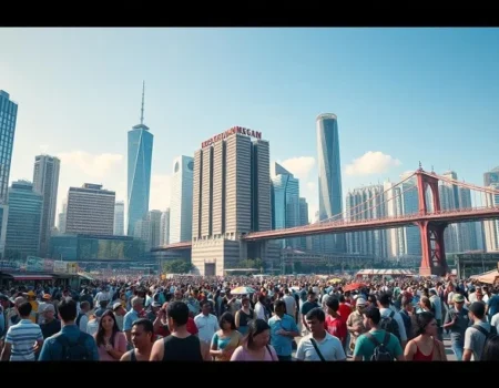 A bustling city scene with a large crowd gathered near skyscrapers and a bridge under a clear sky.