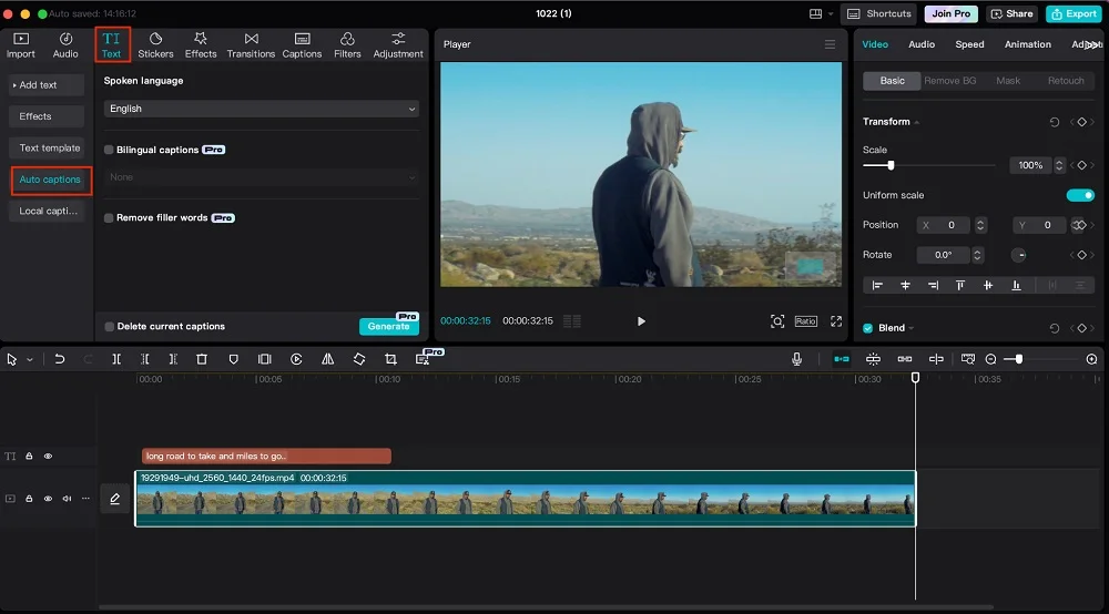 Using the auto-caption tool in video editing software for easy captioning