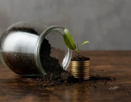 A small plant growing from a stack of coins beside spilled soil from a jar, symbolizing Small Cap Fund growth in investments.