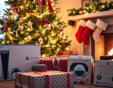 Christmas presents under a decorated tree, including a PlayStation 5, Bluetooth eye massager, and wrapped gifts by a fireplace.