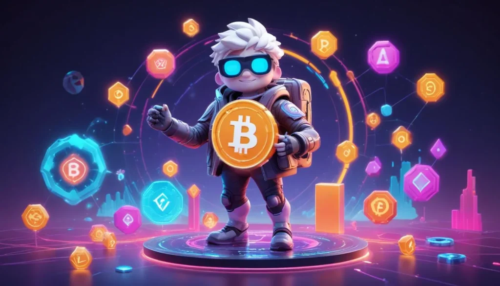 Crypto30x.com Gigachad character holding a Bitcoin symbol surrounded by blockchain elements and cryptocurrency icons.
