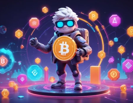 Crypto30x.com Gigachad character holding a Bitcoin symbol surrounded by blockchain elements and cryptocurrency icons.