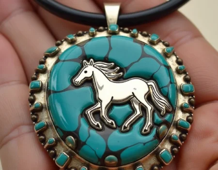 Loren Thomas Begay wild horse magnesite pendant showcasing intricate silverwork and unique stone patterns.