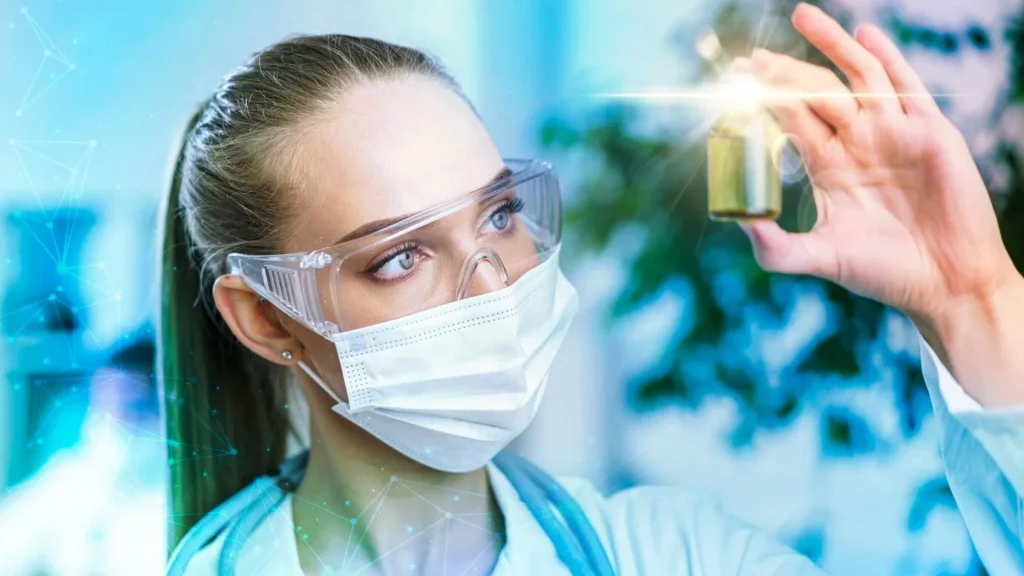 Female scientist examining peptide therapy solution in laboratory for advanced healthcare treatments