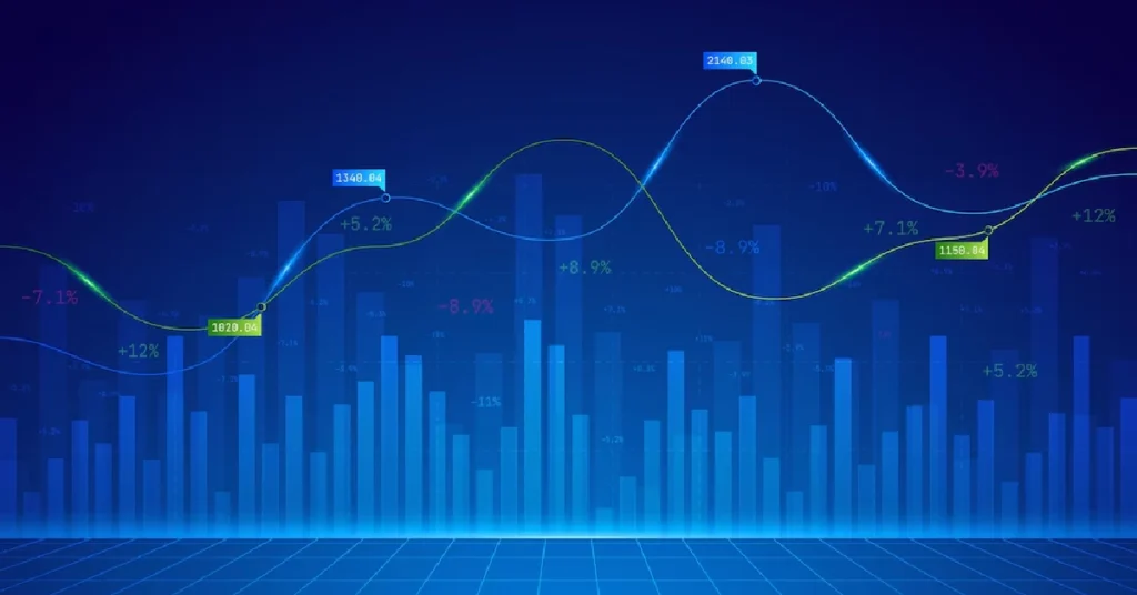 Cryptocurrency market chart showing Bitcoin price volatility with percentage changes ranging from -8.9% to +12% against a blue digital background