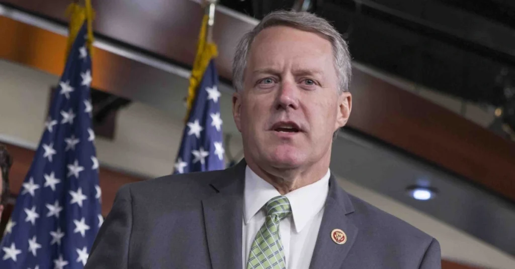 Mark Meadows Net Worth: Mark Meadows speaking at a political event, reflecting his career and financial status.