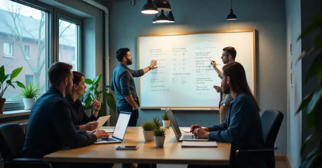 Team collaborating effectively using Lidarmos strategies to solve challenges and improve communication in a bright modern workspace.