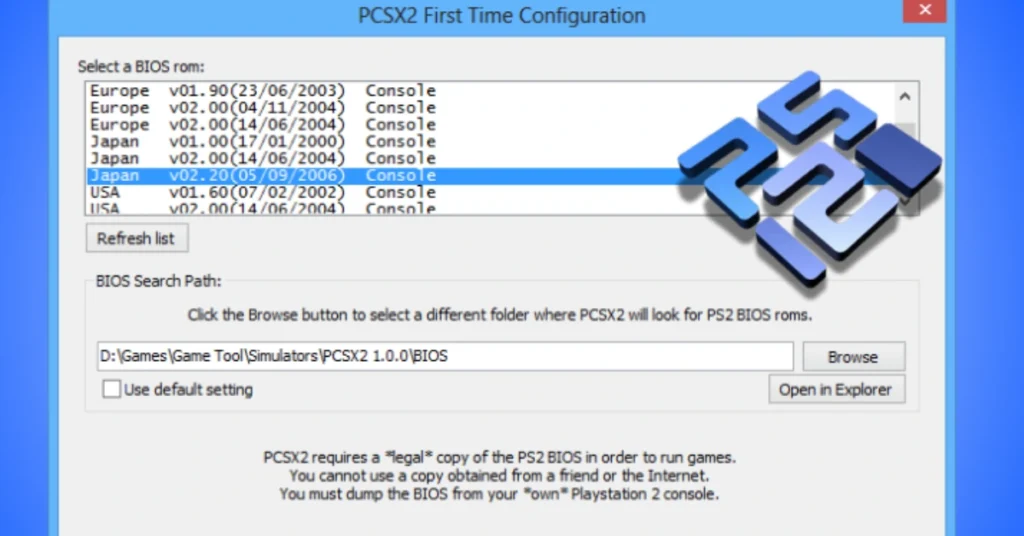 Screenshot of BIOS PCSX2 emulator BIOS settings menu displaying available PS2 BIOS files for selection.