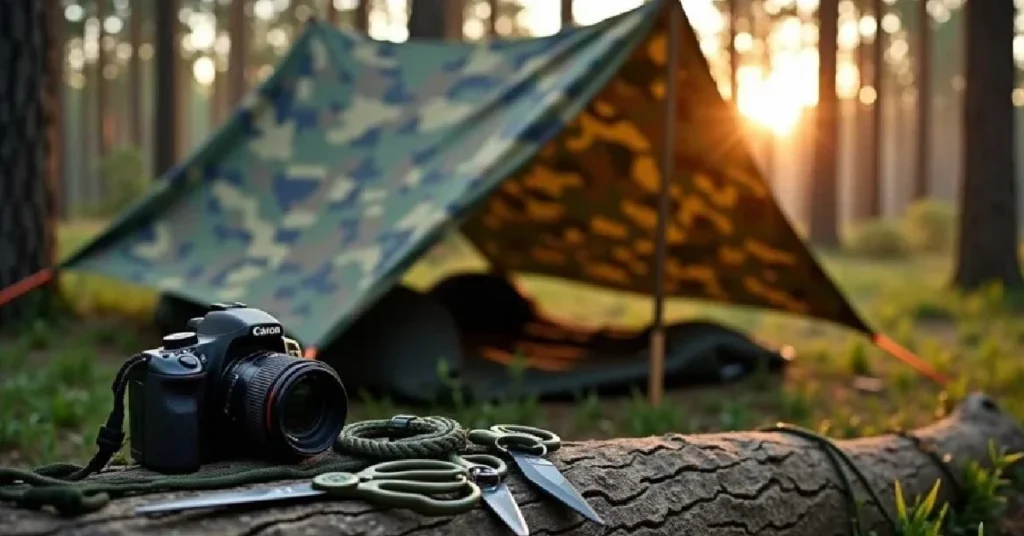 Tarnplanen. A Flecktarn camouflage tarp set up as a shelter in a forest, blending with green foliage.