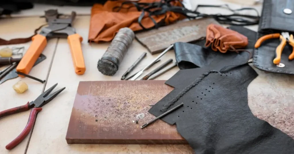 Close-up of a tanned leather Zuschneidfelle hide on a workbench, ready for precision cutting.