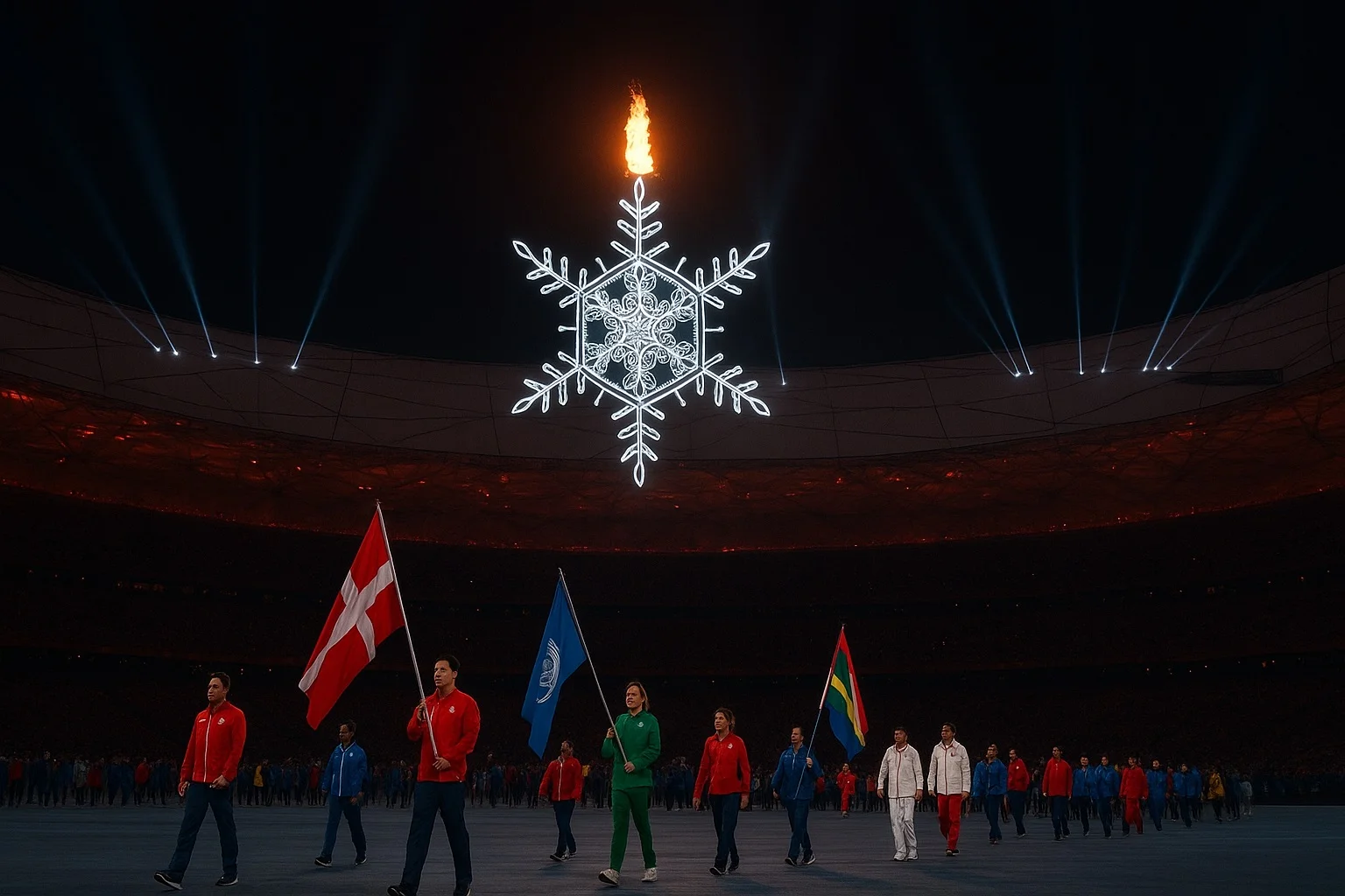 Beijing National Stadium at night during Paralympic opening ceremony with glowing snowflake cauldron and athletes from different countries walking on the field