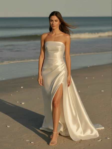 Bride in silk strapless wedding dress with slit on beach at sunset