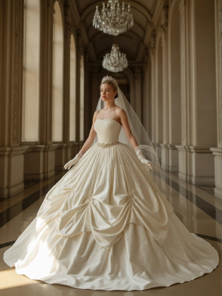 Bride in pearl-embellished ball gown with tiara and veil in grand palace wedding venue