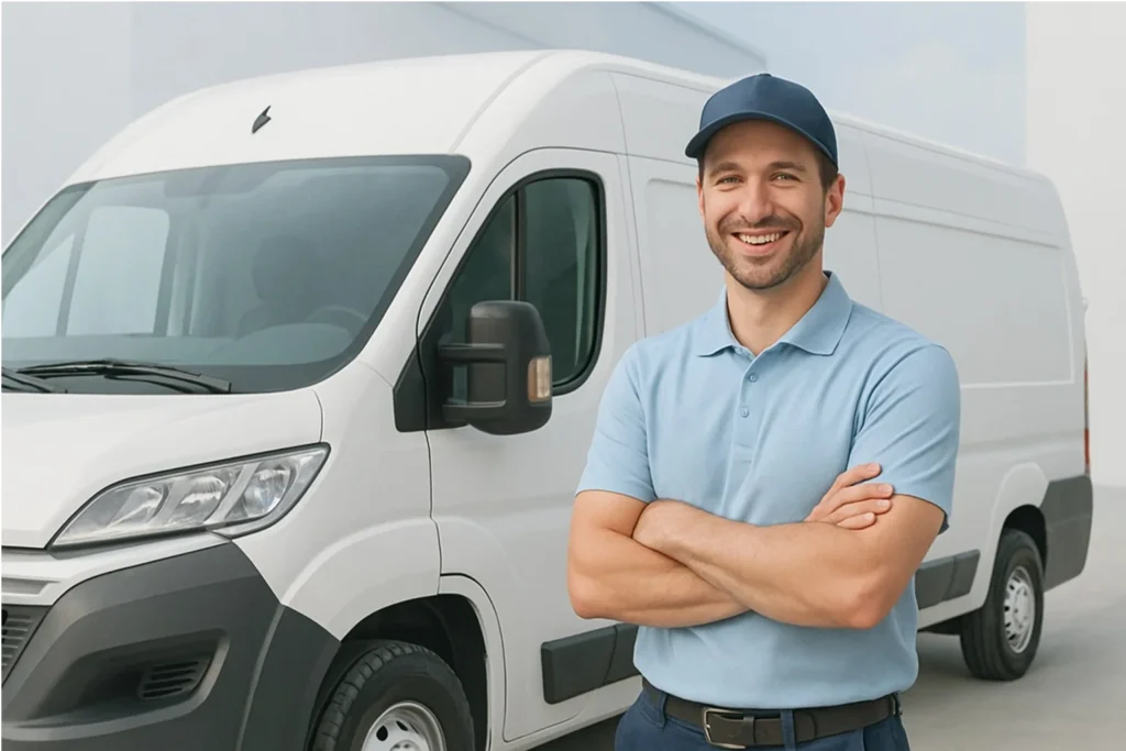 How Growing Courier Businesses Are Keeping Their Best Drivers Happy Happy courier driver standing next to a delivery van