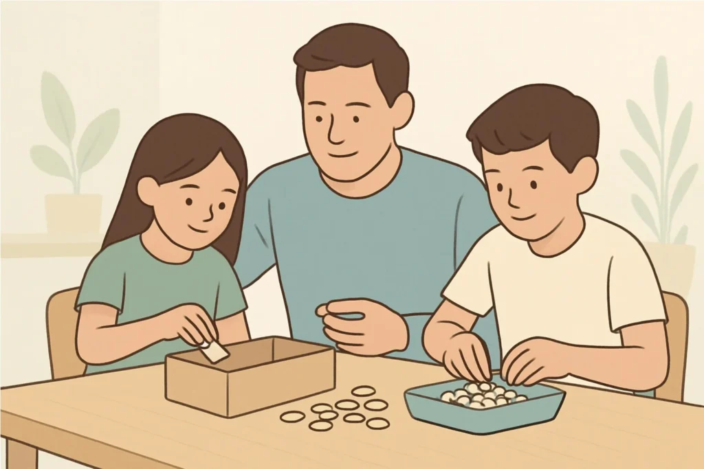 Parent and children working together at a kitchen table on a small home business