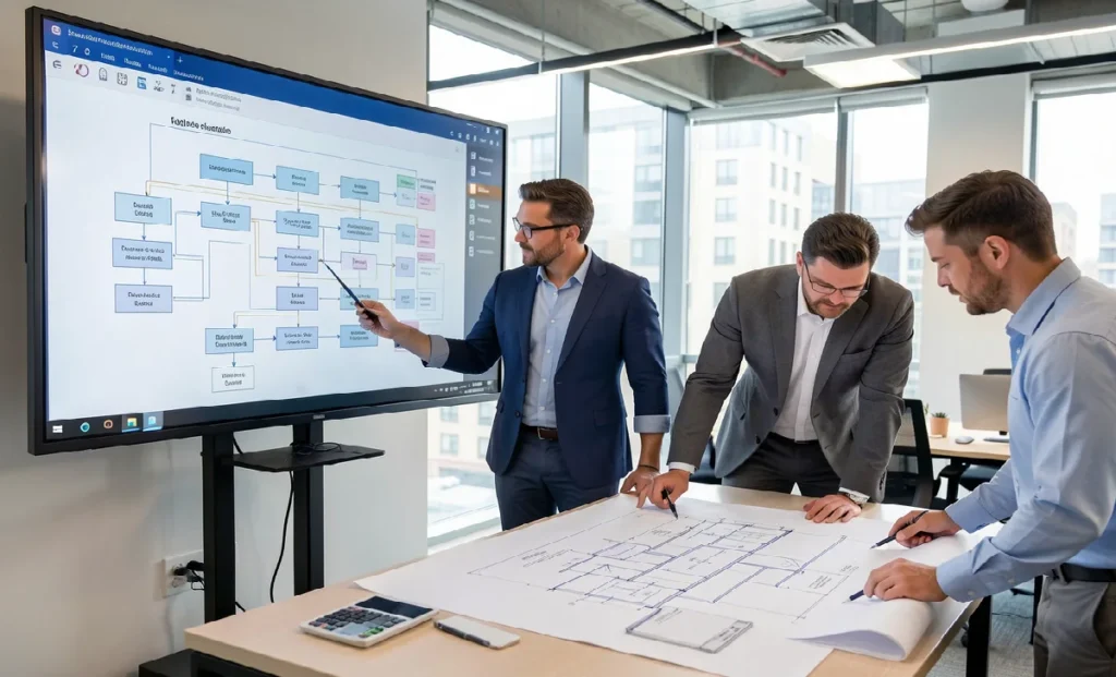 What Systems Engineering Consulting Actually Does for Large-Scale Programs A team of engineers collaborating on a systems engineering consulting project for a large-scale program