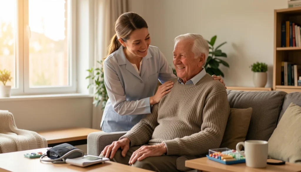 caregiver assisting an elderly man at home showing the growing demand for senior home care jobs