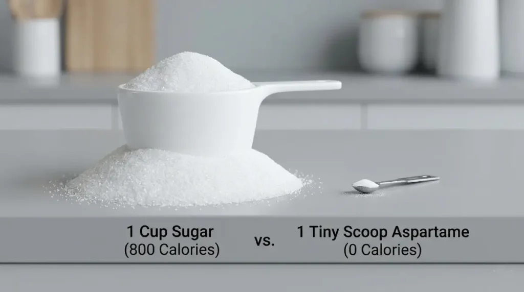 Is Aspartame Bad for You? Hidden Risks, Side Effects, and Truth Revealed A 3D render comparing a large pile of sugar to a tiny sprinkle of aspartame to illustrate sweetness intensity.