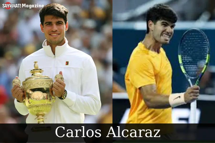 Carlos Alcaraz in a bright yellow tennis kit, executing a high-intensity running forehand on a blue hard court during a professional match.