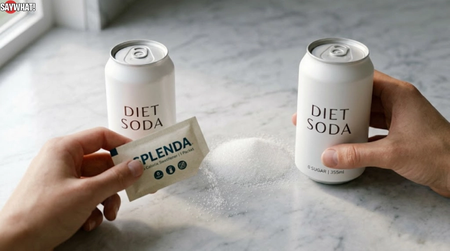 Close-up of hands holding a can of Diet Soda and an open packet of Splenda on a white marble surface with sugar.