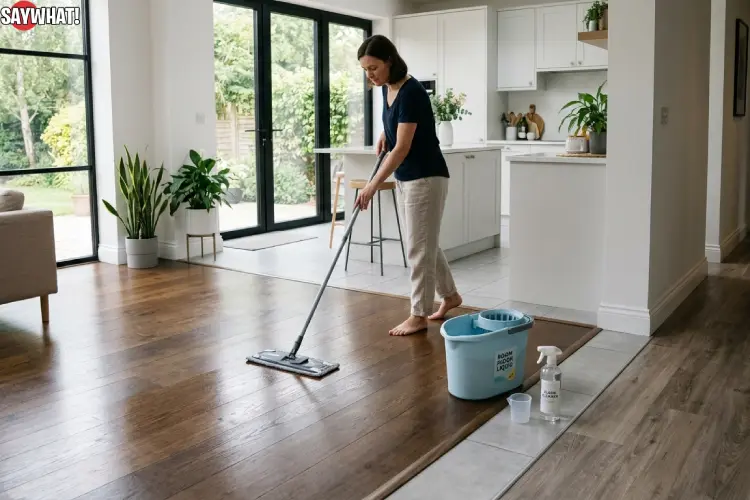 Person mopping sealed wood, tile, and vinyl floors with room floor liquid for streak-free cleaning