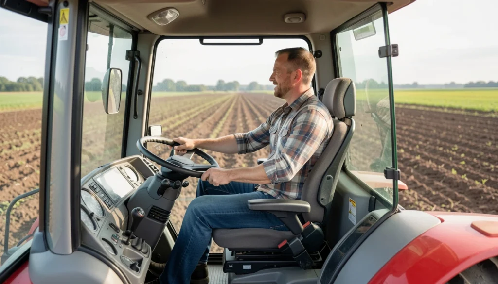Farmer operating tractor with ergonomic air suspension seat designed to reduce vibration and operator fatigue during long farm work hours