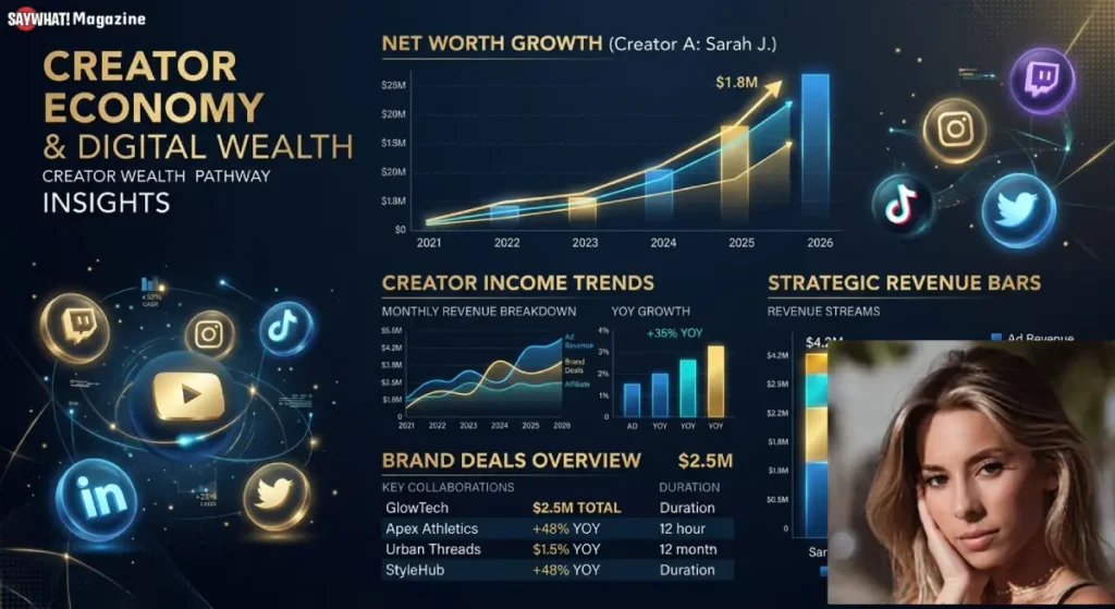 Ayla Woodruff networth digital wealth infographic with revenue charts and icons