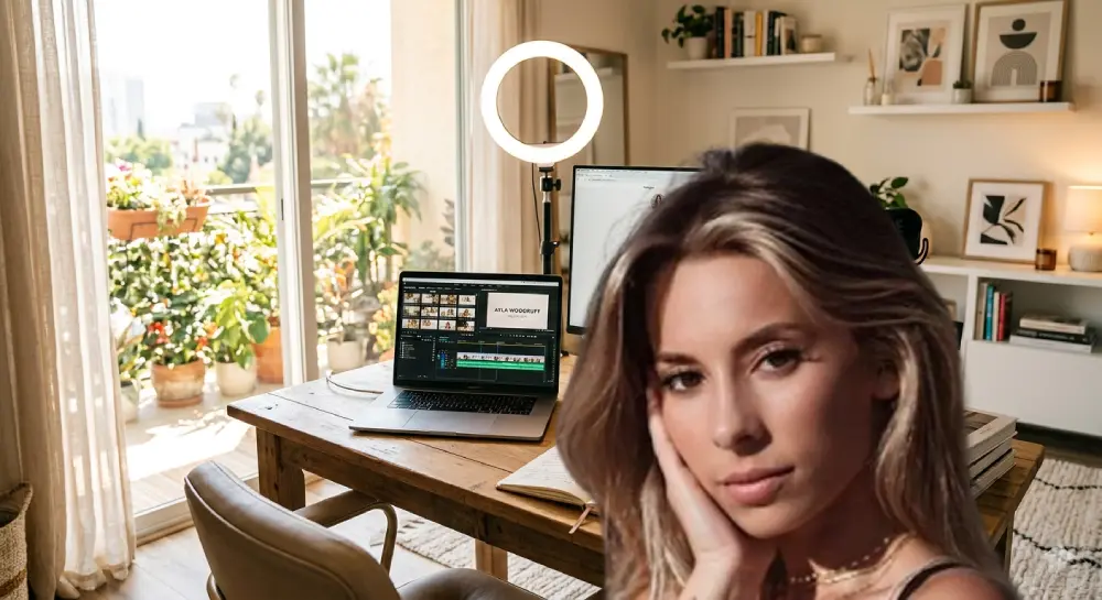 Professional vlog camera and ring light on a modern creator desk setup.