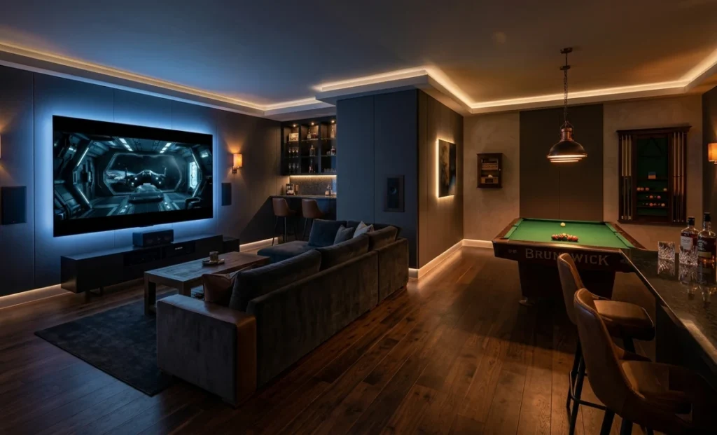 6 Elements of a Modern Multi-Purpose Home Entertainment Room A home entertainment room with a pool table and home theater setup separated into two lighting zones