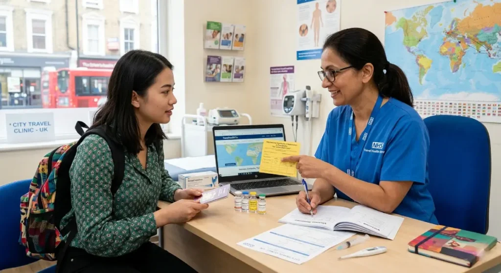 NHS travel clinic nurse and patient during a consultation in a London clinic