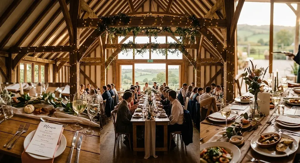 Guests enjoy a seasonal feast inside a rustic timber barn decorated with fairy lights, overlooking rolling green countryside during a Surrey wedding reception