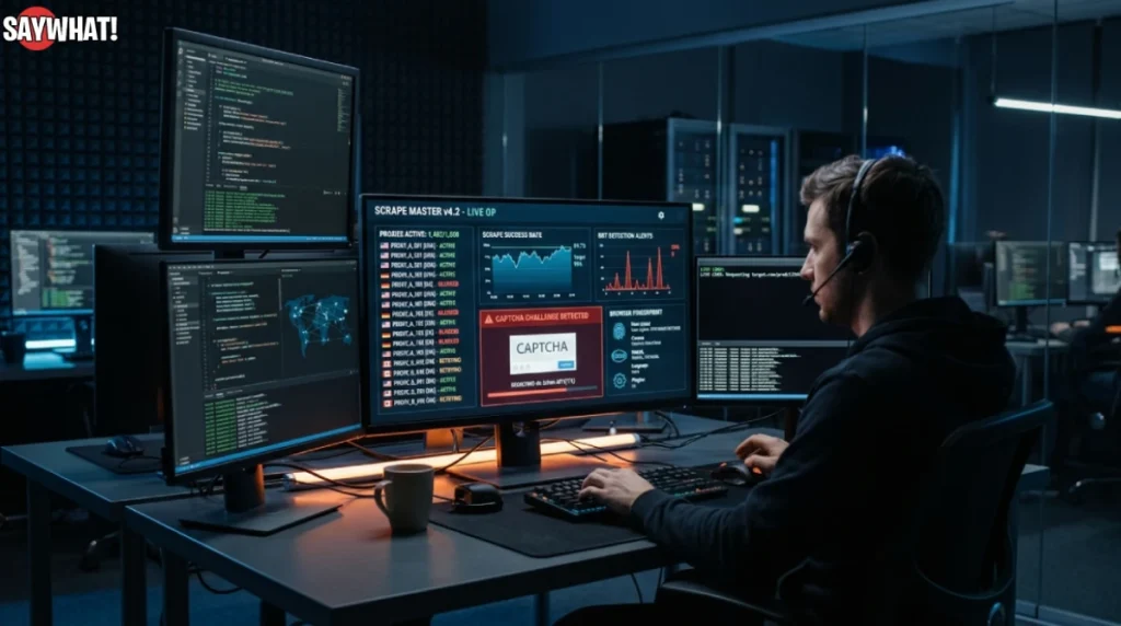 Scraper Against Anti-Bot Systems dashboard showing proxies, captcha bypass, and traffic analytics