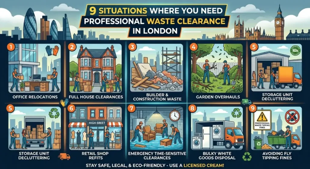 9 different situations requiring professional waste clearance, featuring the London skyline