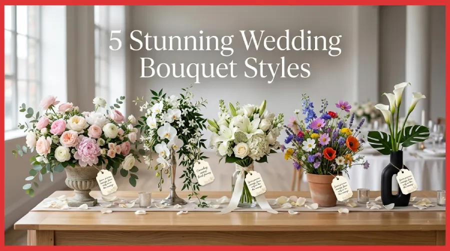 Wedding bouquets in garden cascading minimalist and wildflower styles