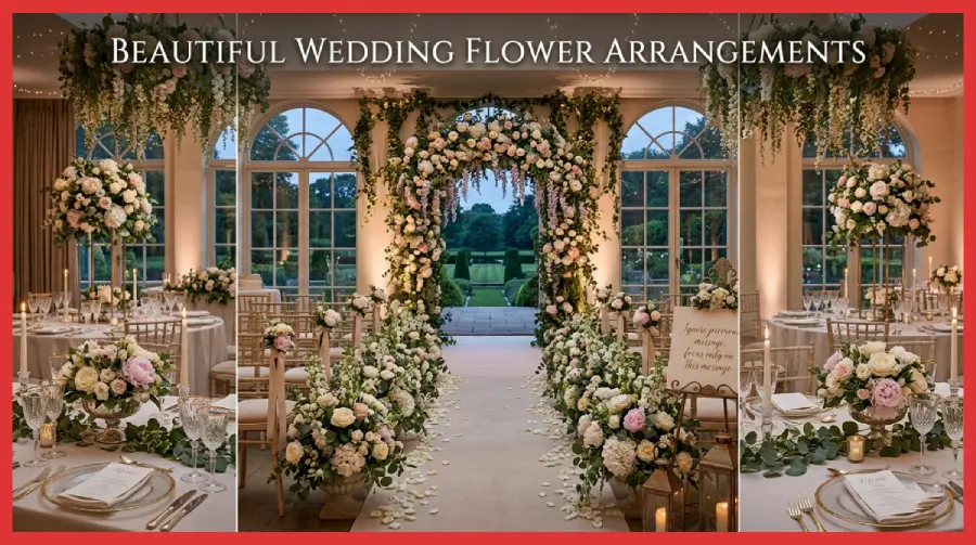 Wedding flower arrangements decorating ceremony and reception spaces