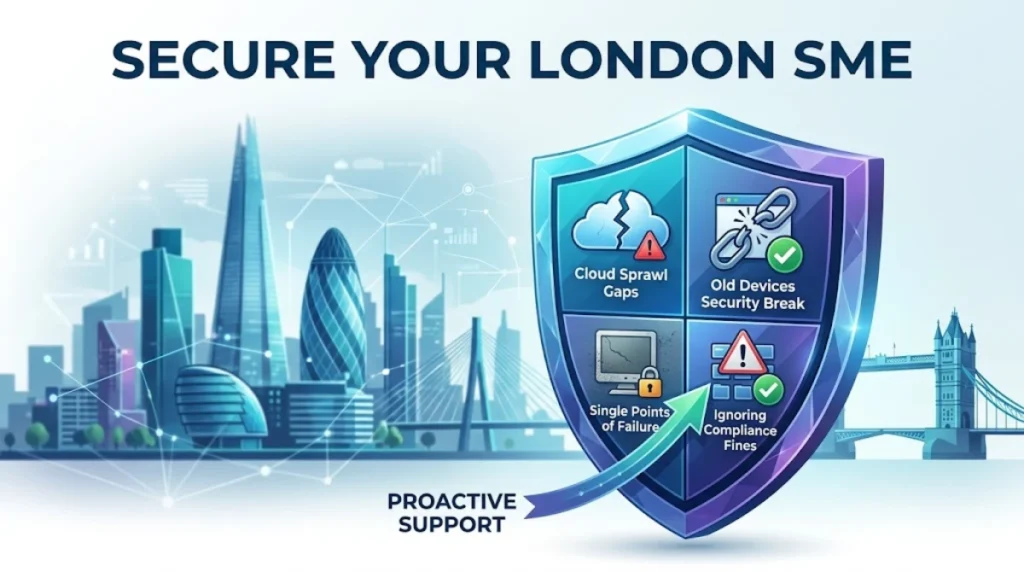 7 Hidden IT Risks London SMEs Face and How Proactive Support Fixes Them Shield showing proactive IT support fixing 7 hidden IT risks for London SMEs.