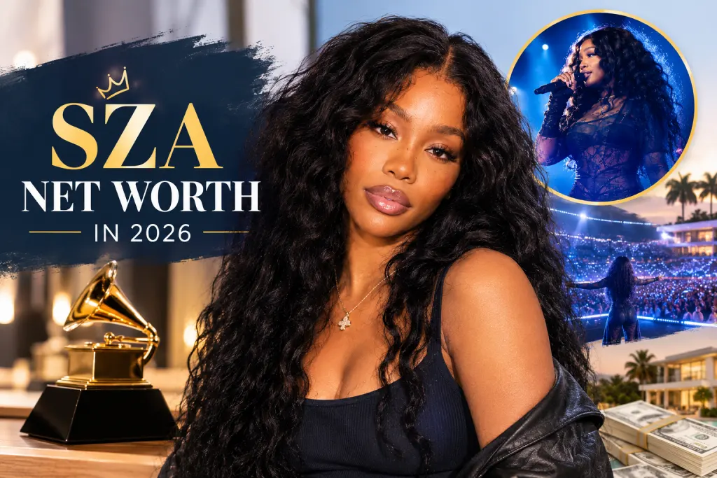 SZA Net Worth 2026: From Music Struggles to a $50 Million Empire SZA net worth in 2026 featuring SZA, Grammy trophy, concert stage, and luxury lifestyle