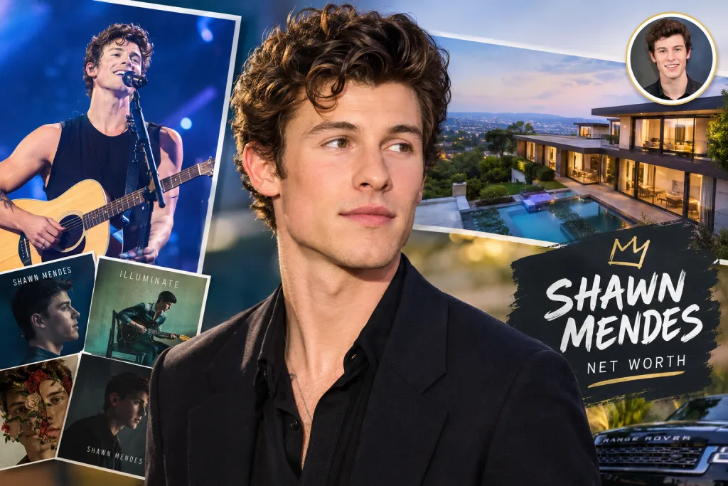 Shawn Mendes Net Worth ($40M): How the Pop Icon Built His Massive Music Empire Shawn Mendes net worth: Singer portrait with concert stage, luxury mansion, and music career highlights.