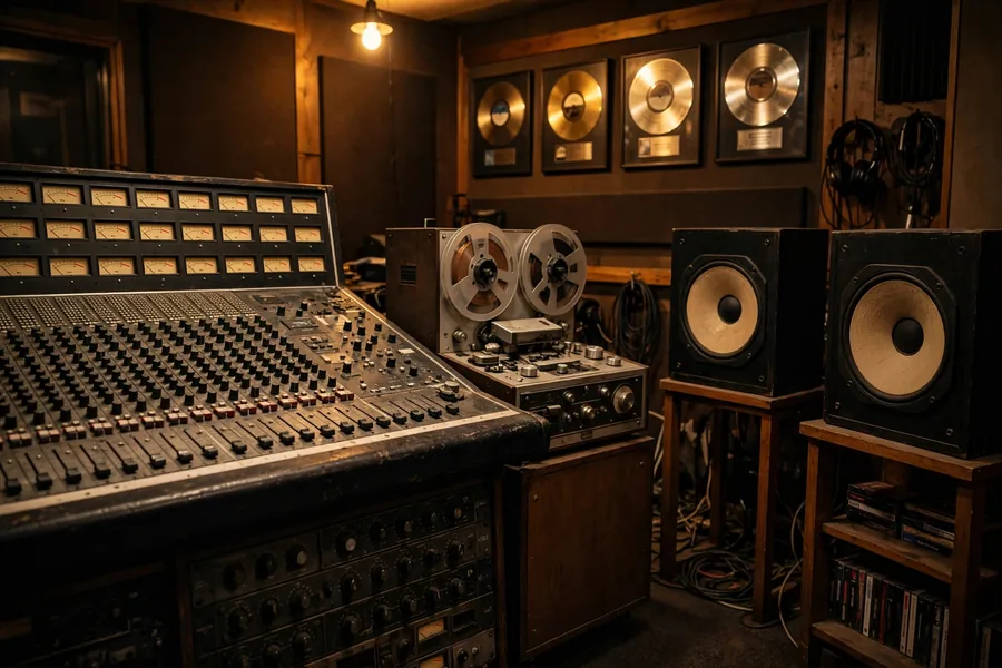 Diddy net worth roots: a 1990s style recording studio with a mixing desk