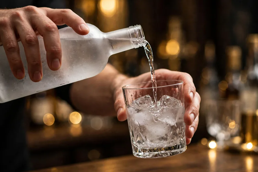 Diddy net worth in a glass: vodka being poured at an upscale bar