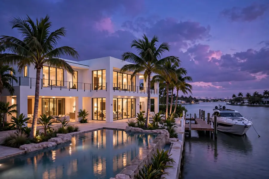 Diddy net worth on paper: a Miami waterfront mansion at dusk