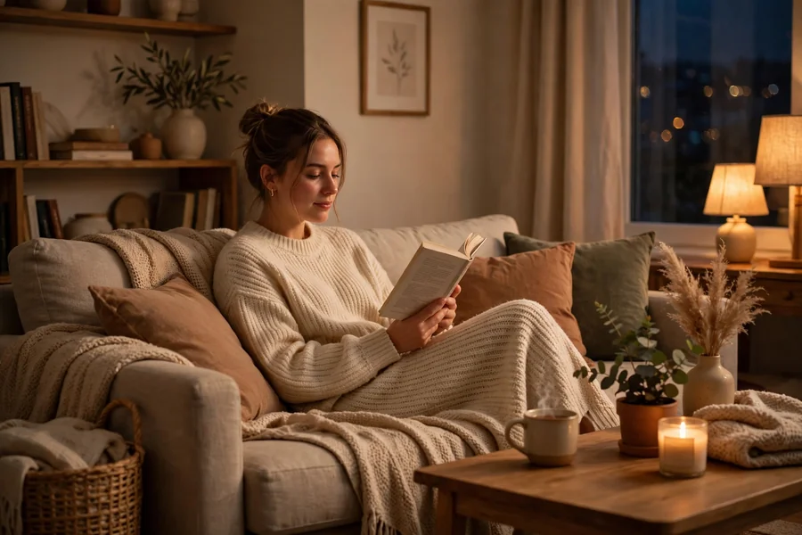 Quiet evening wind down with reading and soft light at home