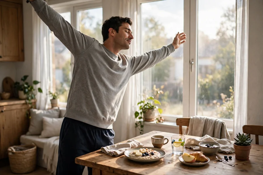 Calm morning routine with a simple breakfast by a bright window
