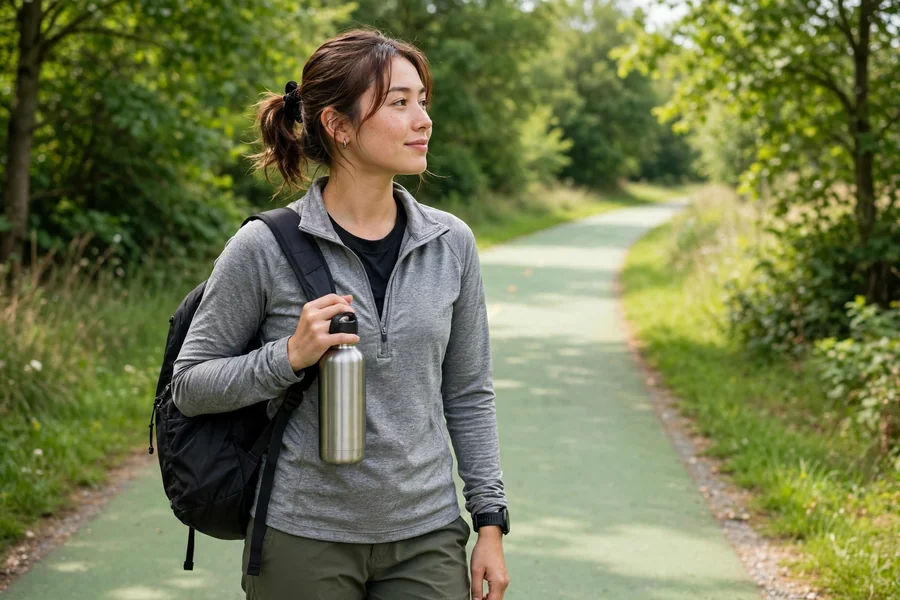 Person taking a short walking break outdoors during the day