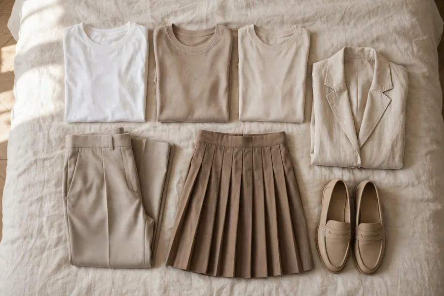 A capsule wardrobe for how to pack light for a week, with tops and trousers in matching colours