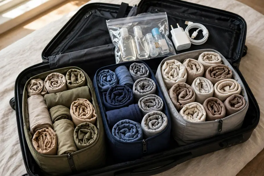 Packing cubes for how to pack light for a week, with rolled clothes and a clear liquids bag