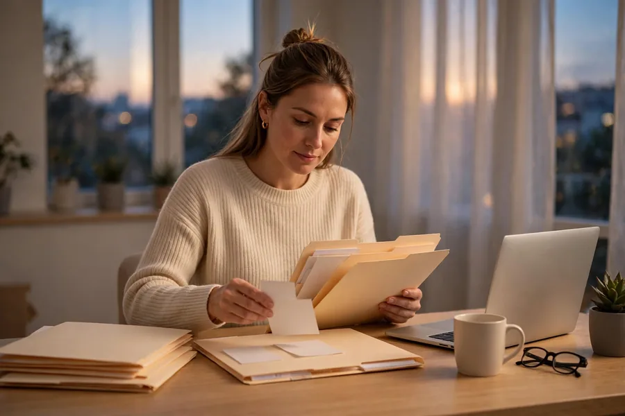 Small business owner sorting receipts for the monthly money routine