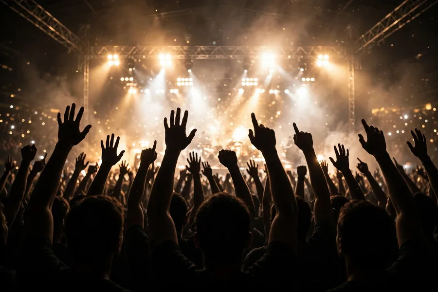 Tupac net worth legacy: a concert crowd under bright stage lights