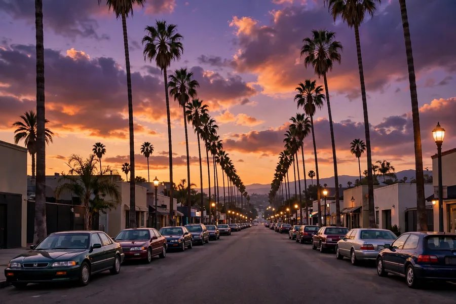 Tupac net worth turning point: a palm lined Los Angeles boulevard at dusk